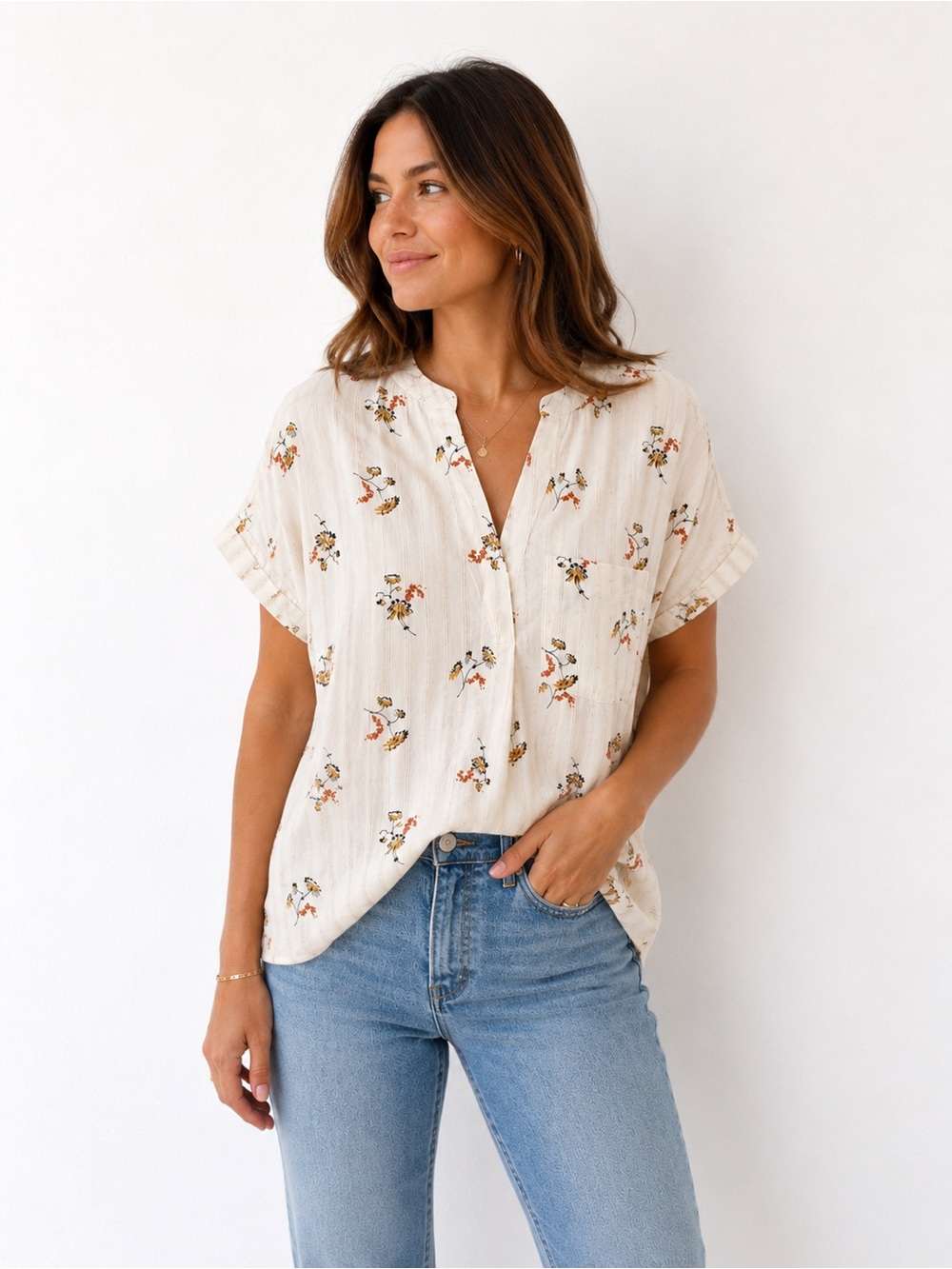 Madewell Floral Stripe Blouse XS Cream Lightweight Boho Top